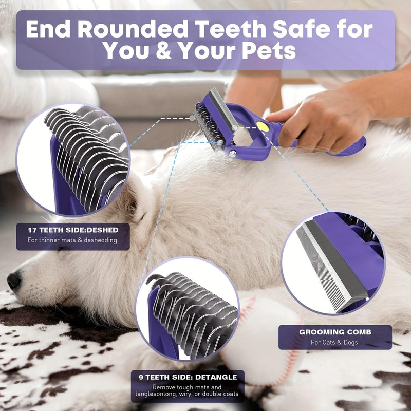 Dog Dematting Comb, 3-in-1 Pet Grooming Tool with 9+17 Teeth & Flea Remover, Stainless Steel Undercoat Rake for Matted Hair, Long-Haired Dogs Cats