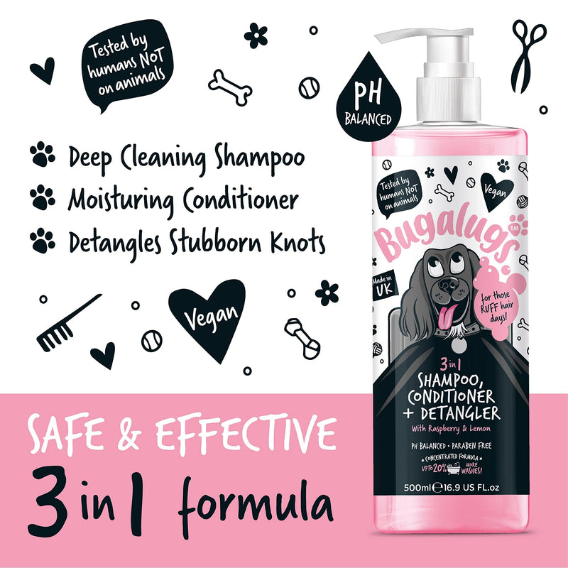 BUGALUGS 3-in-1 Dog Shampoo, Conditioner & Detangler – Raspberry & Lemon Scented Grooming for Smelly Dogs, Puppy Coat Care, Pet Accessories (500ml) (BSDTCDE500) Shampoo 500ml