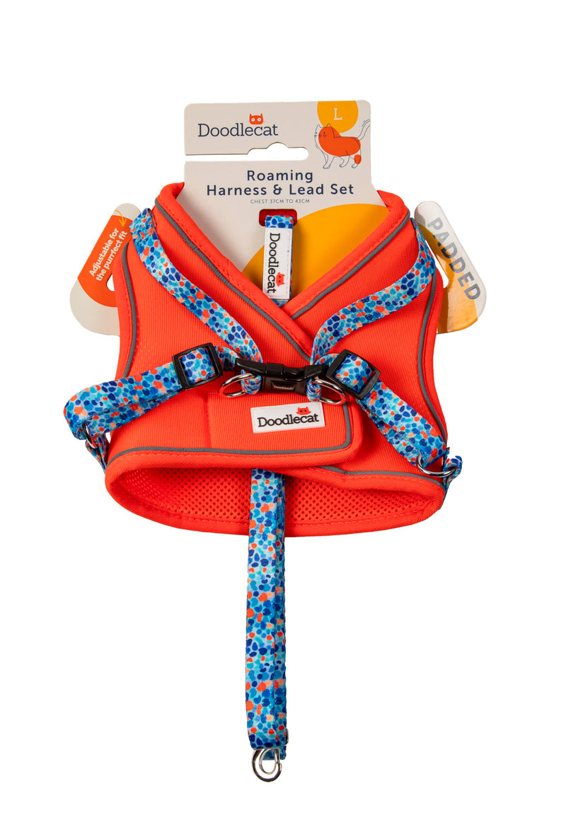 Doodlecat - Cat Harness and Lead Set - Adjustable Step In Mesh Cat Harness with Reflective Piping, Breathable Fabric and Secure Fit for Outdoor Walking - Small 28-33cm - Tangerine & Reef