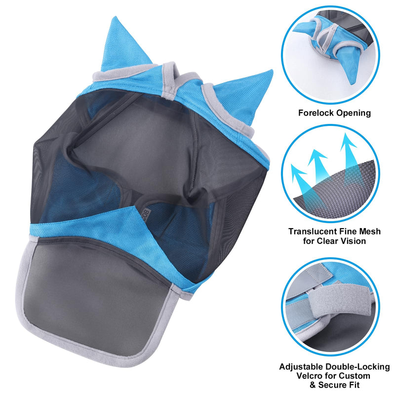 Horse Fly Mask with Ears & Long Nose Cover | Forelock Opening for Tangle-Free Mane Care | UV Protection & Breathable Mesh | No Rub Fit and Enhanced Visbility for Trail Riding Paleblue Cob Pale Blue