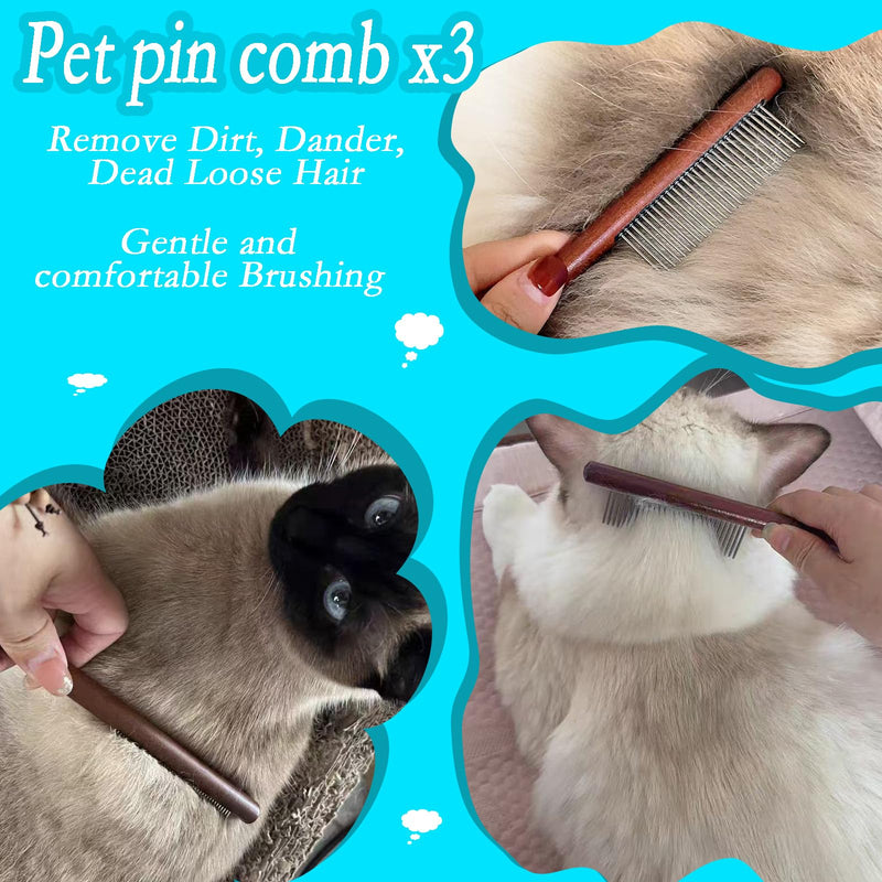 5-piece pet grooming set - solid wood hair removal brush with metal comb - hair removal comb, smoothing brush, and steel comb, used for combing and removing long and tangled hair on cats and dogs brown - PawsPlanet Australia