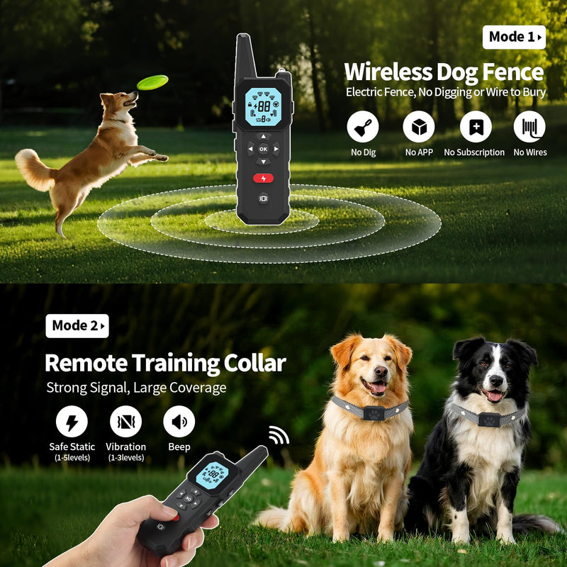 Wireless Dog Fence & Training System for 2 Dogs – Covers up to 3300 ft Range, Adjustable Beep/Vibration/Static Modes, IPX7 Waterproof Collars, Independent Channel Design, Quick No-Dig Installation 2 Pack