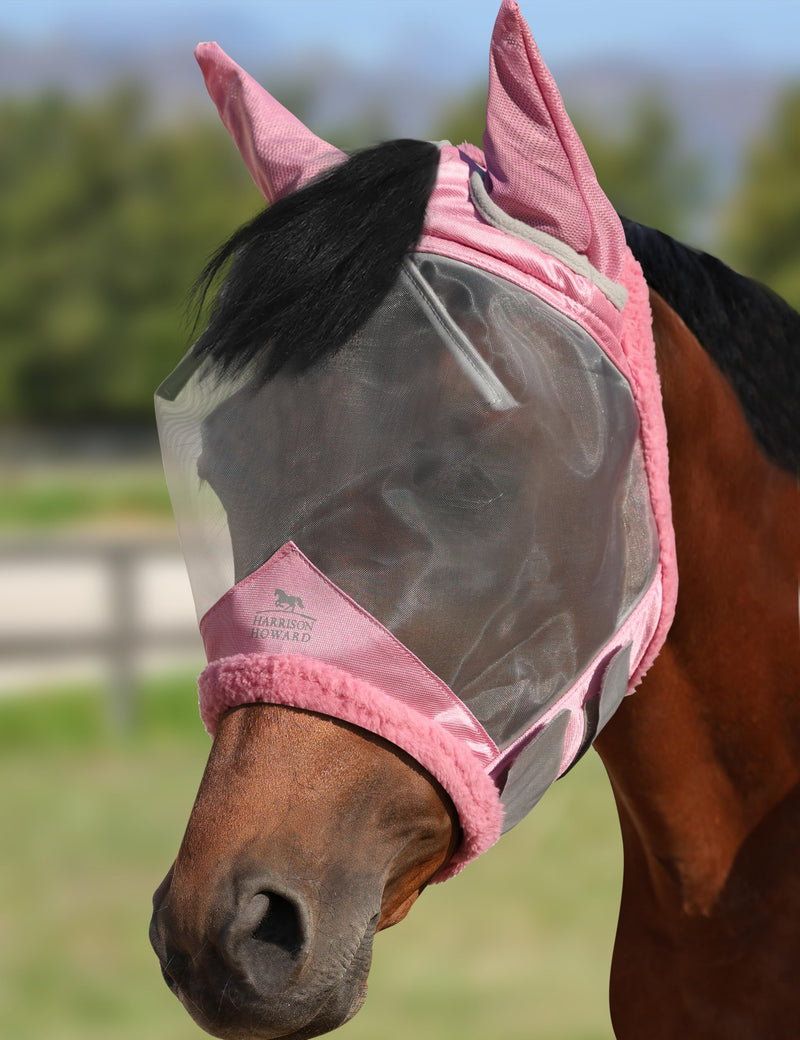 Harrison Howard CareMaster Horse Fly Mask UV Protective Fine Mesh with Extra Wool Soft Touch on Skin Light Pink XL