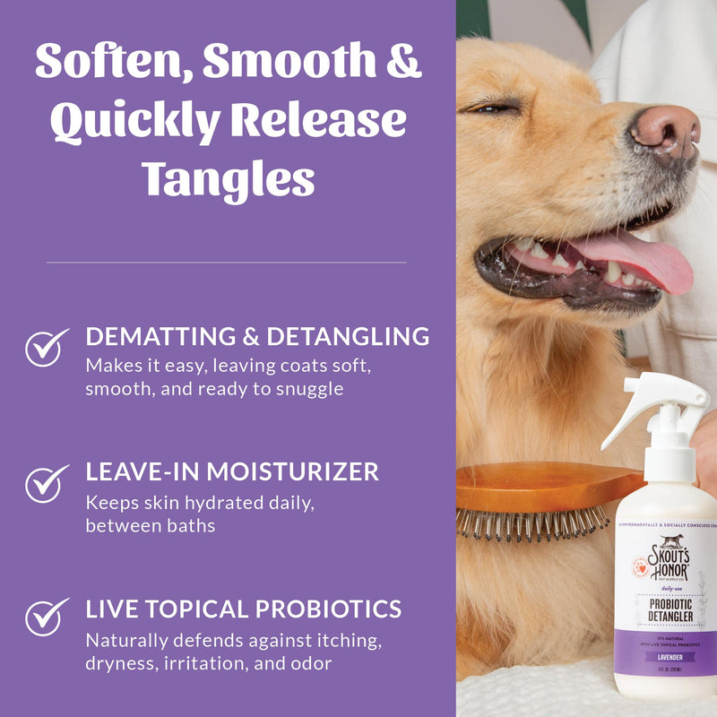 Skout's Honor Probiotic Pet Detangler Spray - Hydrating & Conditioning with Avocado Oil, 97% Natural, Paraben & Sulfate-Free, softens for a More brushable Coat, Daily Use, 8oz, Lavender, 2-Pack - PawsPlanet Australia