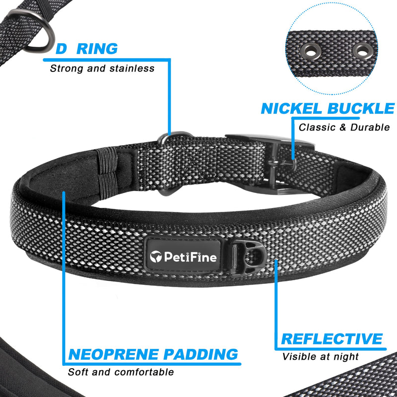 PetiFine Heavy Duty Dog Collar, Adjustable Soft Neoprene Padded Dog Collar with Metal Buckle, Reflective Belt Buckle Dog Collars for Small Medium Large Dogs Small (11"-14.5") Black