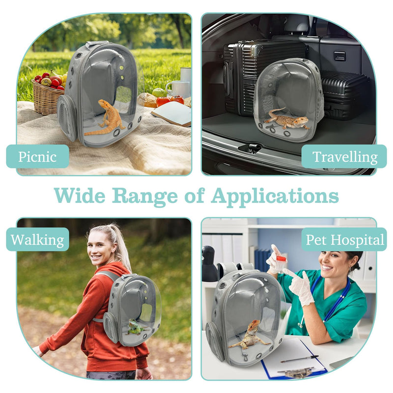 PINVNBY Bearded Dragon Carrier Backpack with Harness and Leash Set Large Reptile Travel Carrier Portable Lizard Backpack Clear Bubble Window Small Animal Carrying Bag for Gecko Kitten Rabbit (Gray) Gray - PawsPlanet Australia