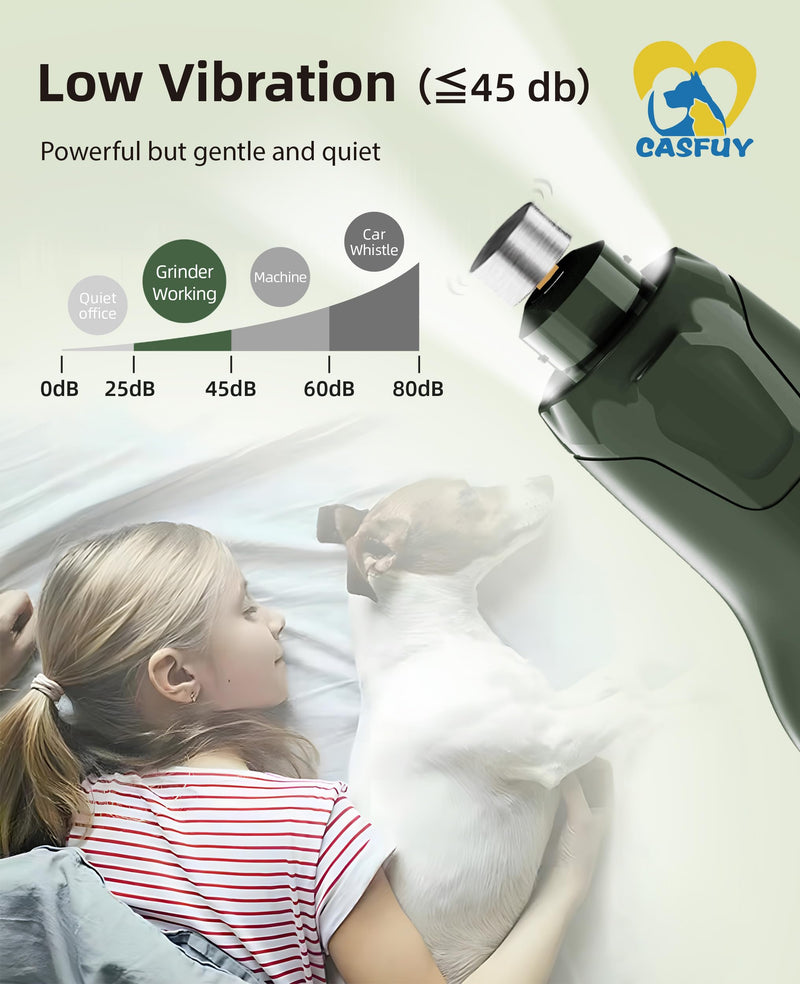 Casfuy Dog Nail Grinder Quiet - (45db) 6-Speed Pet Nail Grinder with 2 LED Lights for Large Medium Small Dogs/Cats, Professional 3 Ports Rechargeable Electric Dog Nail Trimmer with Dust Cap Armygreen