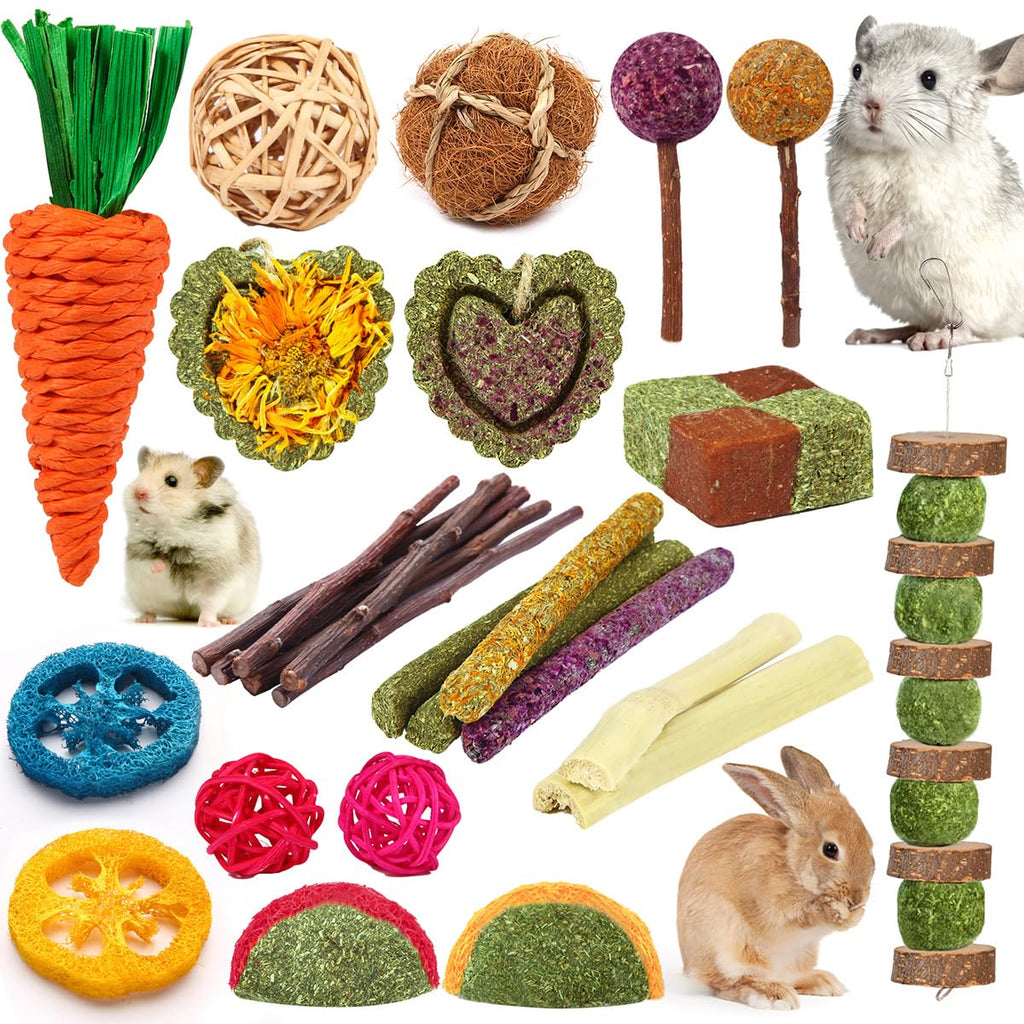 Rabbit Toys Bunny Chew Toys for Teeth, Hamster/Guinea Pig Toys Natural Timothy Hay Sticks Treats Balls and Apple Wood Sticks for Chinchilla, Guinea Pig, Hamster Pet Chew and Play Bundle