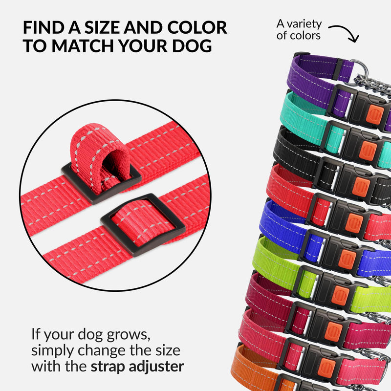 CollarDirect Martingale Dog Collar with Stainless Steel Chain and Quick Release Buckle - Reflective Collar for Large, Medium, Small Dogs - Red, Large (Neck Size 17"-22") Large (Neck Size 17"-22") Nylon with Chain - PawsPlanet Australia