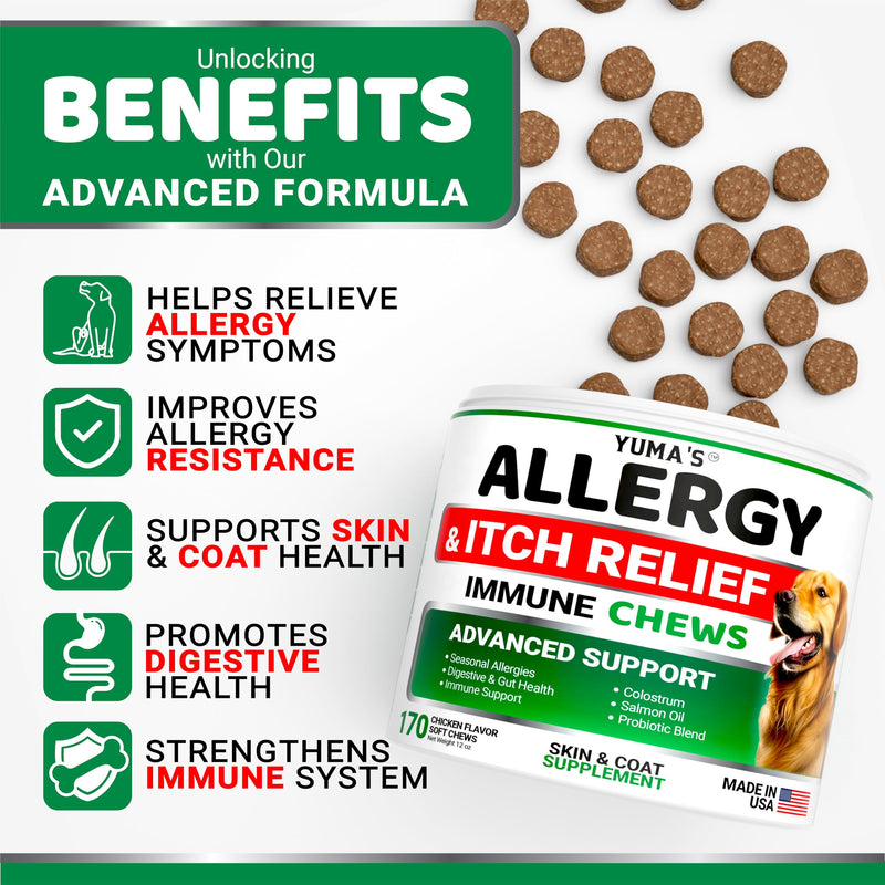 YUMA'S Dog Allergy Relief Chews - Dog Itching Skin Relief Treatment Pills - 170 Treats - Anti-Itch for Dogs - Itchy and Paw Licking - Dry Skin & Hot Spots - Omega 3 Fish Oil - Skin & Coat Supplement 170 Chews Brown