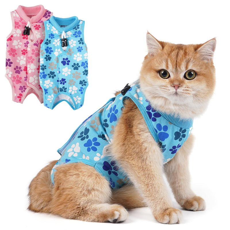 Cat Recovery Suit – Soft, Breathable Onesie for Female & Male Pets After Surgery, Spay, Neuter or Wounds, Surgery Outfit, Cone Alternative, Litter Access, Machine Washable, Blue Paw Print Large