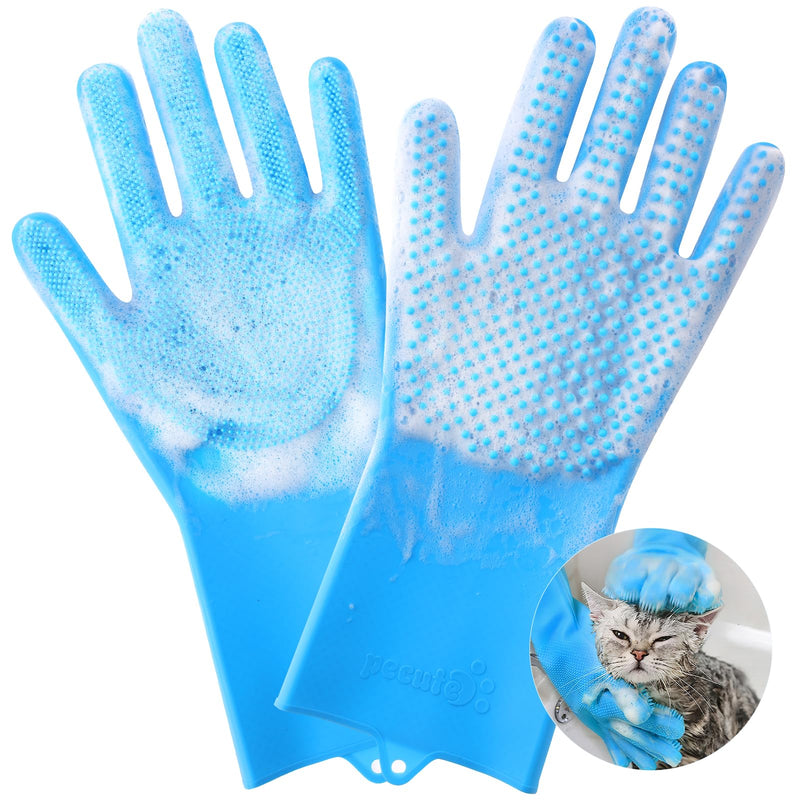 Pecute Double-Sided Dog Bathing Brush, Silicone Dog Washing Gloves Dog Shampoo Brush with High-Density Teeth, Heat-Resistant Cat Bathing Gloves, Efficient Pet Grooming Gloves for Bathing Massaging Medium Blue