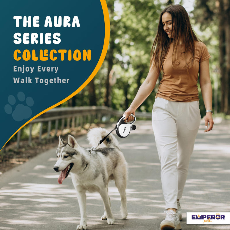 Emperor Pets 26 ft Retractable Dog Leash For Large Dogs - Up to 110lbs, Dog Leashes for Medium Dogs, Large Dog Leash Heavy Duty Dog Leash Retractable 26 ft, Dog Leashes for Large Breed Dogs -Aura BW26 26 ft. (8m) White - PawsPlanet Australia