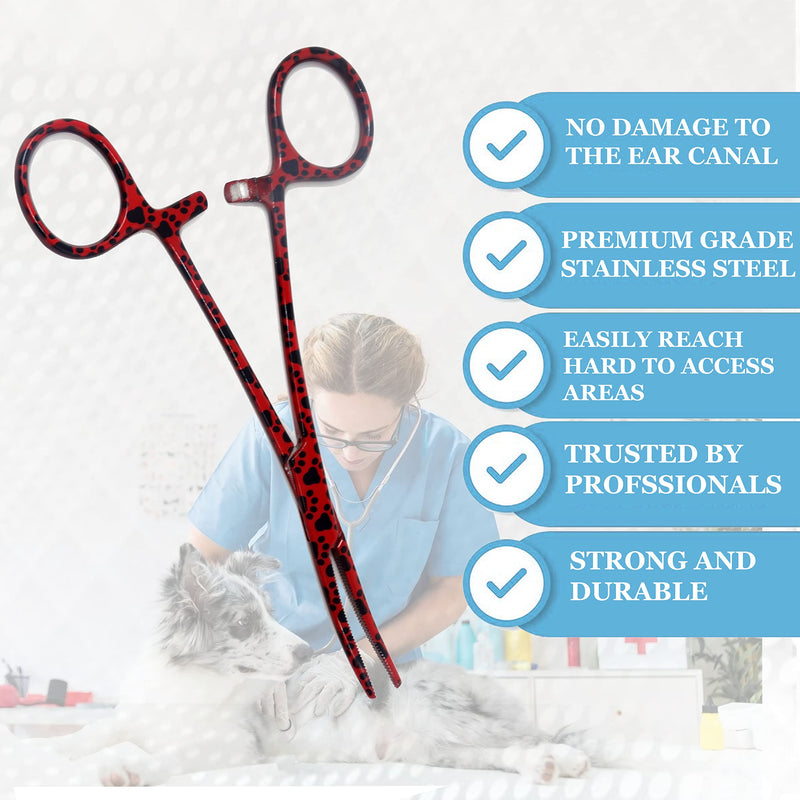 Dog Pet Ear/Nose Hair Puller Grooming Hemostat Locking Forceps Curved Pliers, 5.5" (14cm) Full Serrated Clamps Stainless Steel (Red Paws) - PawsPlanet Australia