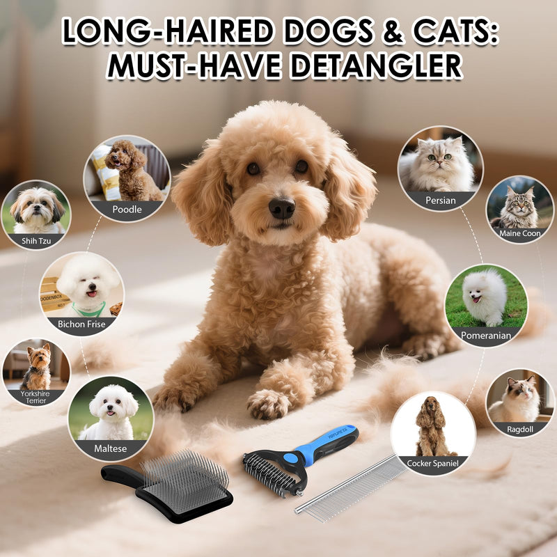 Large Slicker Brush for Dogs - 3PC Pet Grooming Kit - Undercoat Rake & Stainless Comb | Long Pins Remove Mats on Poodles, Golden, Labradoodles | Thick Coat Deshedder for Dogs, Cats, Black - PawsPlanet Australia