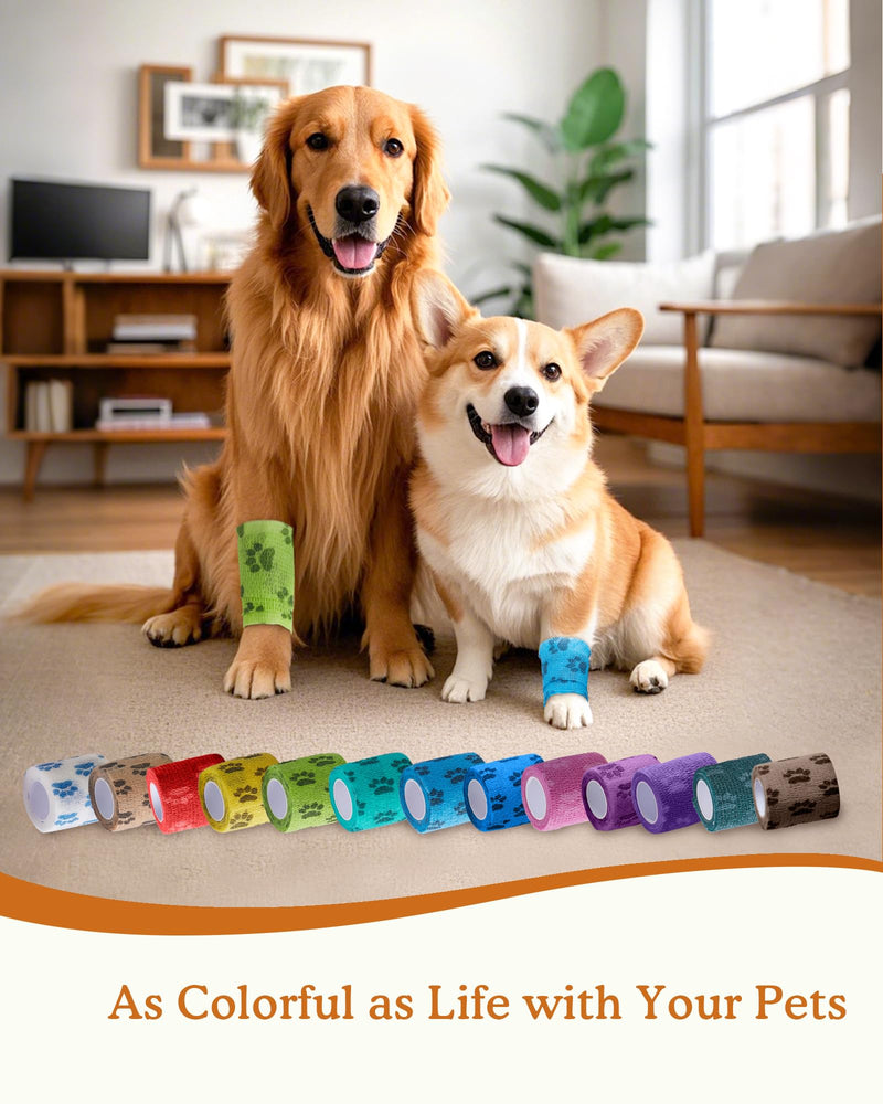 Self-Adhesive Vet Bandage Wrap, First Aid for Dogs & Horses, Multi-Use for Gear Grip & Cable Organizing, Individually Wrapped, 2 Inch, 8 Rolls, Rainbow Paw 8 Count (Pack of 1) - PawsPlanet Australia