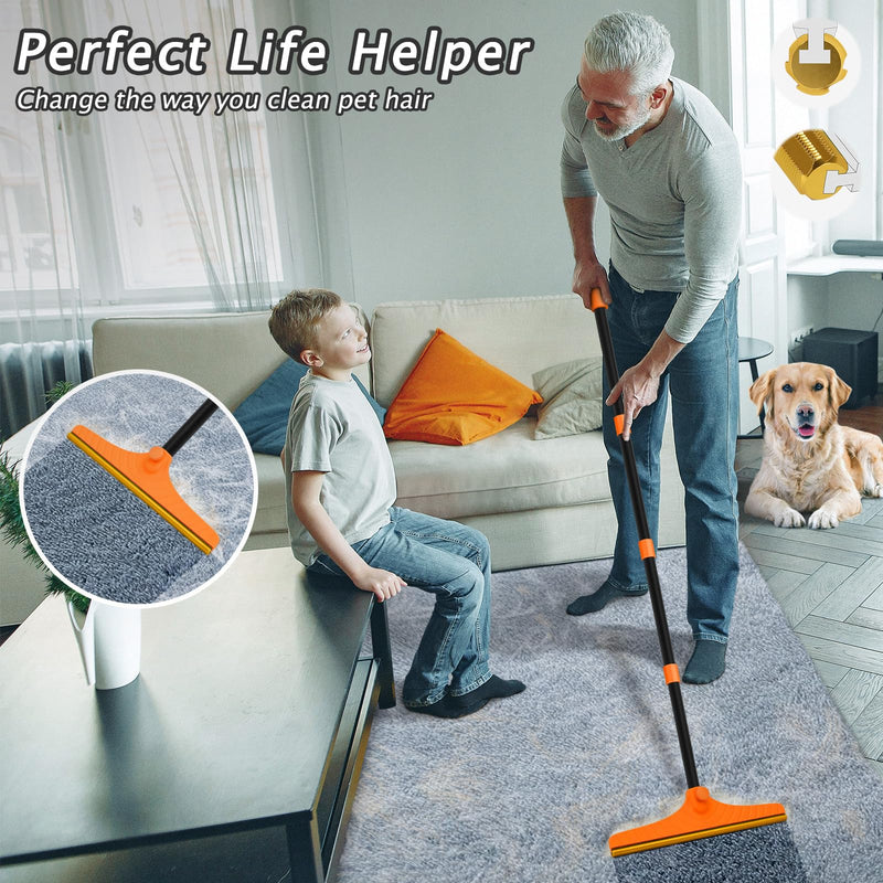 Carpet Rake for Pet Hair Removal - Reusable Pet Hair Remover, 60” Adjustable Long Handle Cat Dog Carpet Rake Scraper, Dog Hair Rake Brush for Rugs, Mats, Couch 60” Orange - PawsPlanet Australia