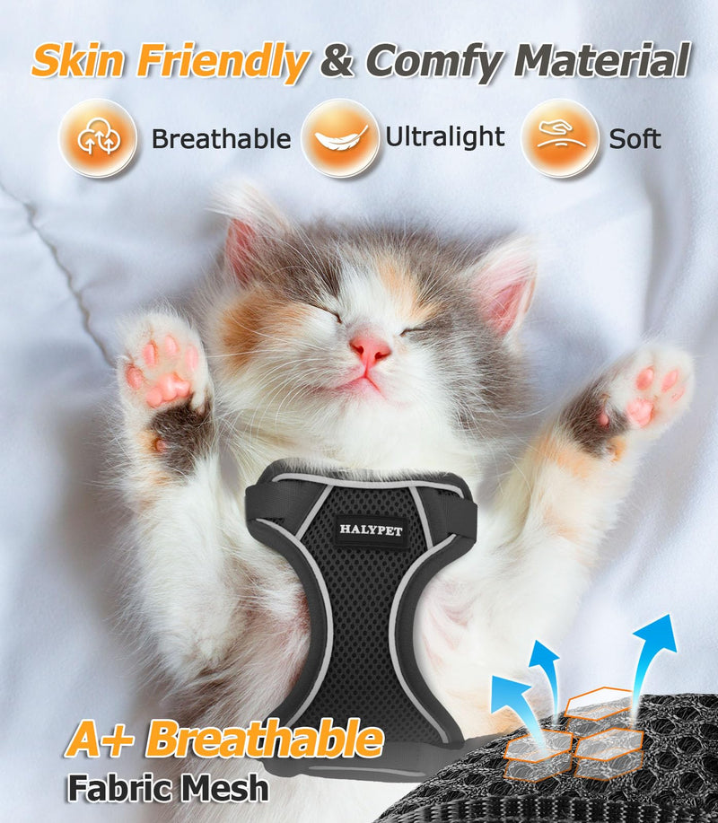 Halypet Cat Harness and Leash Set - MAX Safety 4th-Gen Upgrade, Escape Proof, Adjustable, Comfortable Soft Vest, Easy to Wear Kitten Harness with Reflective Strip for Cats Walking - Small Black H600 Pro Black Small (7-12lb) - PawsPlanet Australia