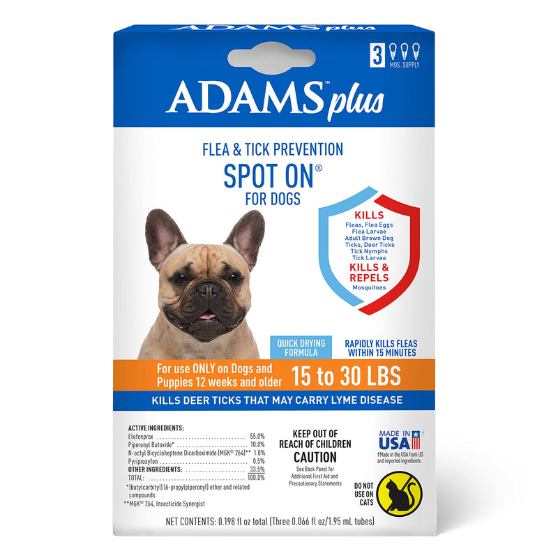 Adams Plus Flea & Tick Prevention Spot On for Dogs 15-30 Pounds, 12 Weeks & Older, 3-Month Supply, Kills Fleas, Flea Eggs, Flea Larvae & Brown Dog & Deer Ticks, Kills & Repels Mosquitoes For 30 Days Medium Dog 15-30 Pounds