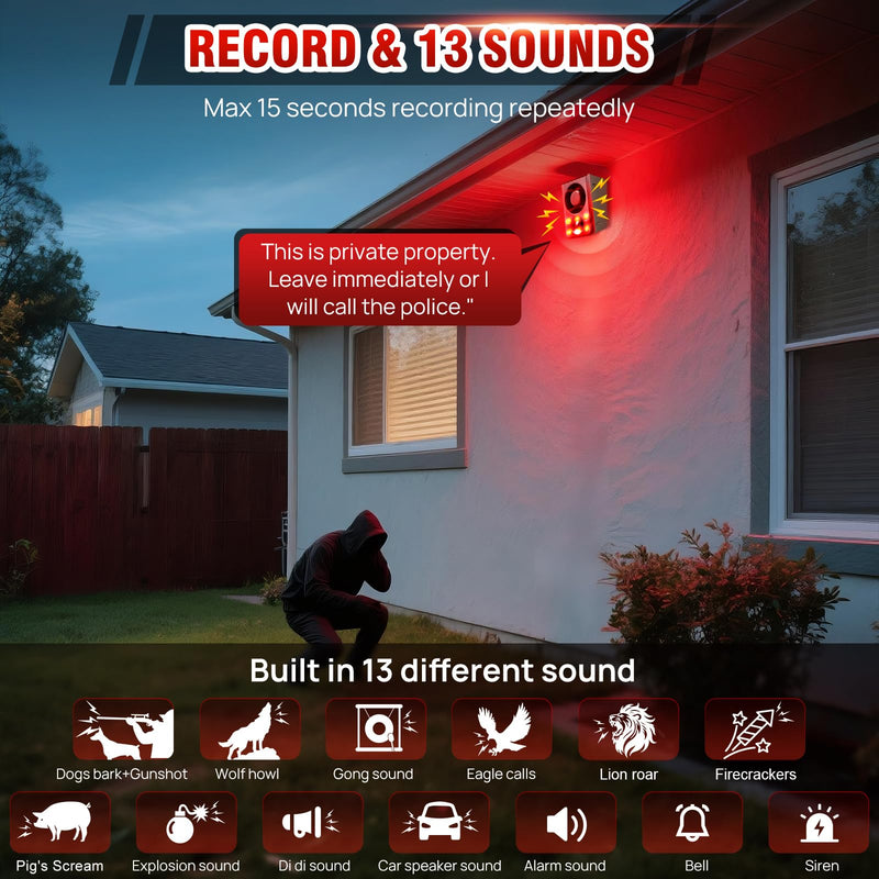 Solar Outdoor Motion Sensor Alarm, Dog Barking&Gunshot Sound,130db Loud Noise Maker,Support Recording,13 Kinds of Sound and Strobe Light to Deter Raccoons, Deer, Skunks, Bears, and Coyotes 1 Remote+1 Sensor