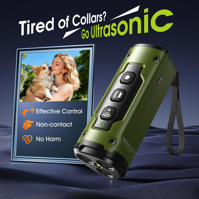 1-Touch Dog Bark Deterrent Devices with 3 Sonic Heads,Portable 50ft Range Anti Barking Device for Dogs,Rechargeable & Safe Dog Training Tool with Flashlight,Helps Improve Dog's Behavior Green - PawsPlanet Australia