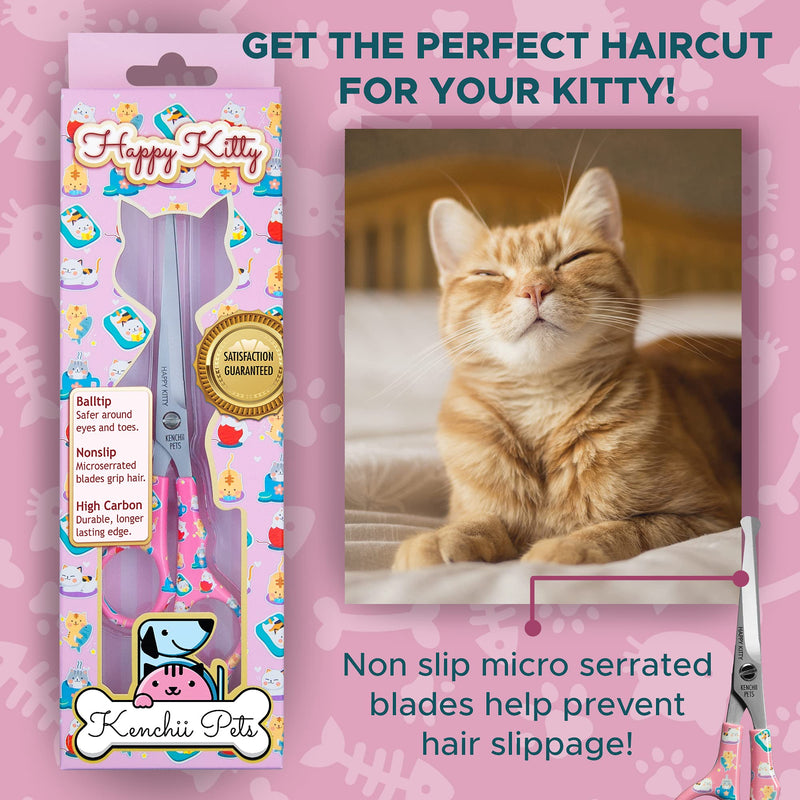 Kenchii Happy Kitty Ball Tip Shears Trimming Scissors for Cats | Pet Grooming Kitten Essentials | Stainless Steel Grooming Scissors for Cats | Safety Blunt Tip Scissors and Cat Grooming Tools | 6.5 In 6.5 Inch Pink - PawsPlanet Australia