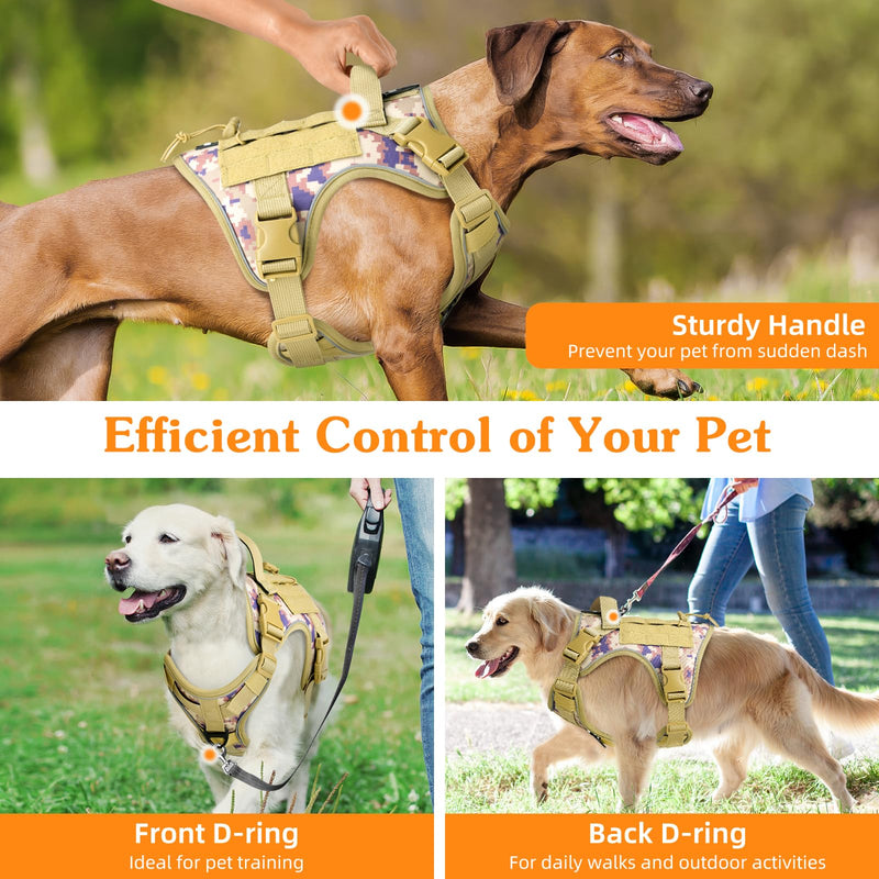 Heavy Duty Tactical Dog Harness for Large Dogs, No Pull Adjustable Pet Harness Reflective Service Training Easy Control Pet Vest Military K9 Working Dog Harnesses, Desert Camouflage, XL XL: 75-135 lbs (Chest: 26-43.3", Neck: 17.3-30.7")