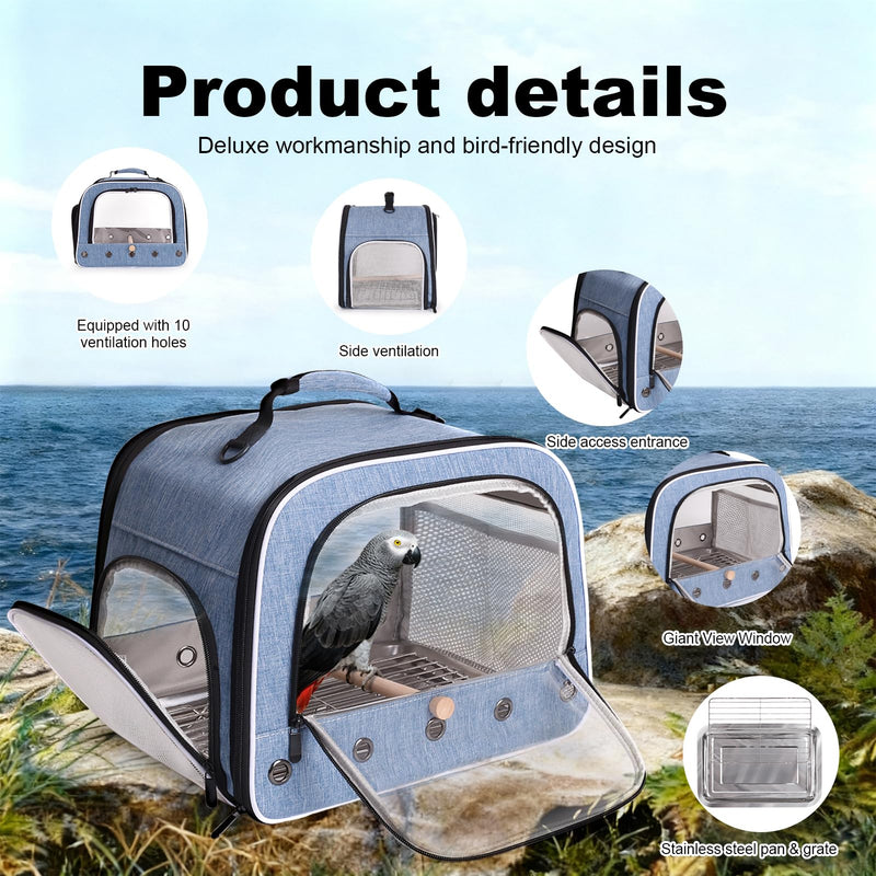 halinfer Bird Travel Carrier Cage for Large Size Parrot, Portable Bag with Metal Tray and Grate to Carry and Transport Medium and Large Birds Like African Grey, Long Tail Cockatiel and Parrot Blue Large Carrier - PawsPlanet Australia