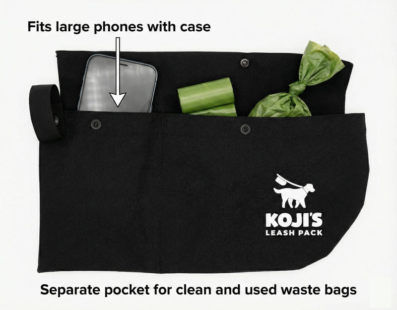 Koji's Leash Pack with Buttons | Hands-Free Dog Waste Carrier & Organizer | Anti-Swing Hammock Pouch for Used Poop Bags, Phone, & Keys | Secure Attachment for Running, Hiking & Walking (Made in USA) Black - PawsPlanet Australia