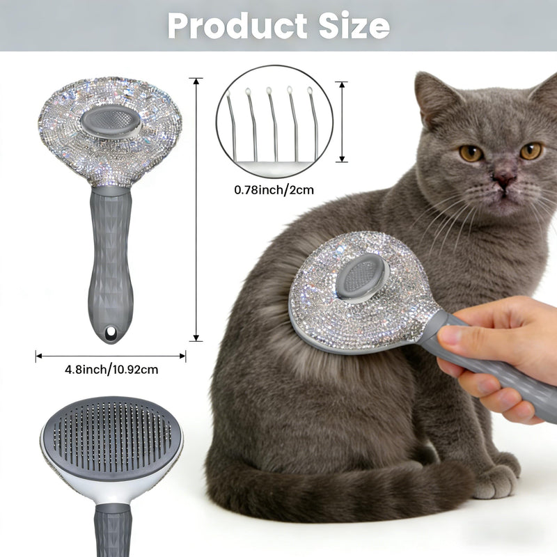 Diamond Rhinestone Cat Hair Brush Deshedding Brush Dog Hair Remover Tool Stainless Steel Comb Slicker Brush with Release Button for Dog Cat Rabbit Shedding Pets Grooming (Gray) gray - PawsPlanet Australia