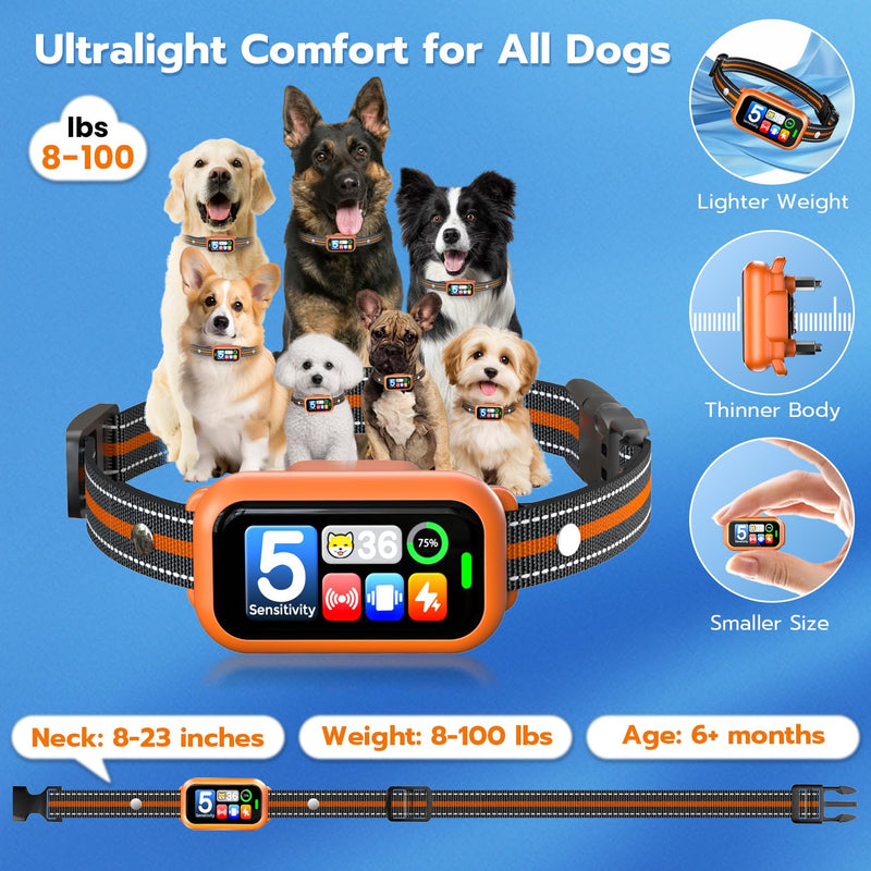 Bark Collar for Small Medium Large Dogs 8-100lbs | Upgraded Smart AI Anti Barking Collar w/AirTag Holder, 5 Modes (Beep/Vib/Safe Shock), Adjustable Sensitivity, Bark Counter, Rechargeable Waterproof Orange