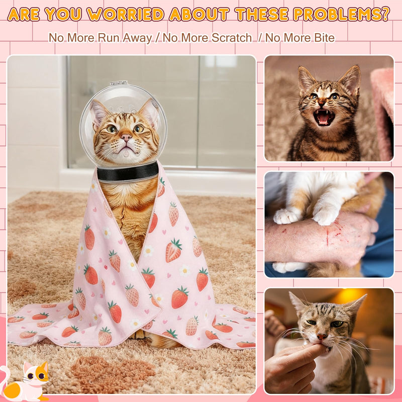 Chunful Cat Muzzle for Grooming, Cat Helmet and Wrap for Cutting Nails, M Size Adjustable Mask, 27.6" Anti-Escape Calming Swaddle Cloth, Bathing Shaving Anti-Scratch Pet Tools(Strawberry) Strawberry
