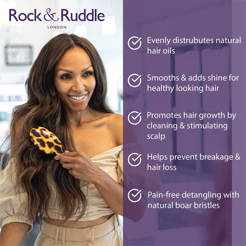 Rock & Ruddle Natural Mixed Boar Bristle Hair Brush for Women and Kids (Small/Travel Size, 17.5cm) - Perfect for Wet or Dry Hair, Detangling Smoothing Blowdrying - Made in UK - Leopard Print Design Brown