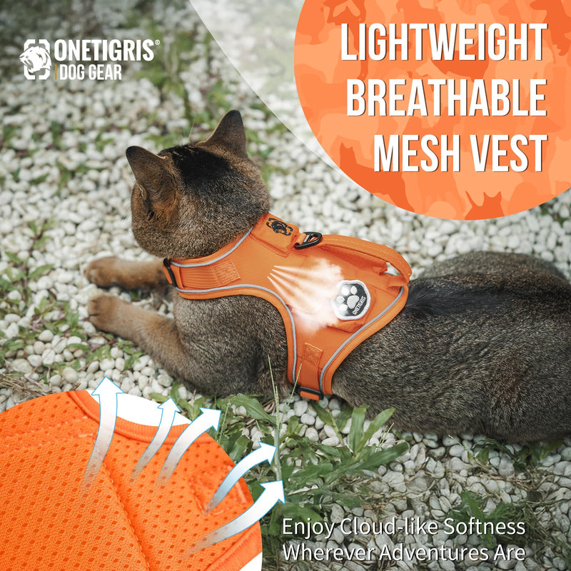 OneTigris Cat Harness and Leash - Escape Proof Soft Adjustable Kitten Harness, Breathable, Comfortable, Durable Water-Resistant Tactical Vest with Reflective Strips and Pocket for Cat Tracker Orange XXXS:(N:6.5"-12",C:12"-16",B.L:6.5",W:6.5 -13 lbs) - PawsPlanet Australia