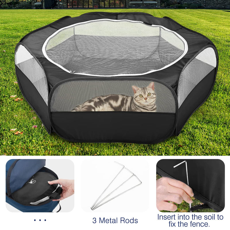 Pawaboo Small Animals Playpen, Waterproof Small Pet Cage Tent with Zippered Cover, Portable Outdoor Yard Fence with 3 Metal Rod for Kitten/Puppy/Guinea Pig/Rabbits/Hamster/Chinchillas, Black - PawsPlanet Australia