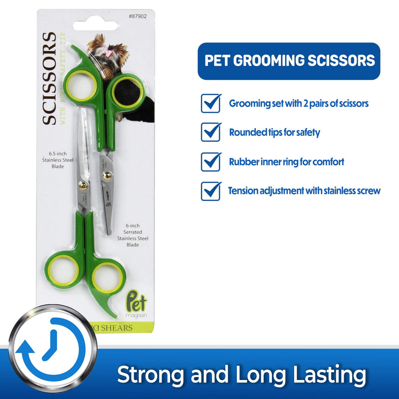 Pet Magasin Japanese Stainless Steel Grooming Scissors (2) for Facial Hair and Larger for Body Trimming with Round Tip Light Green and Yellow Large - PawsPlanet Australia