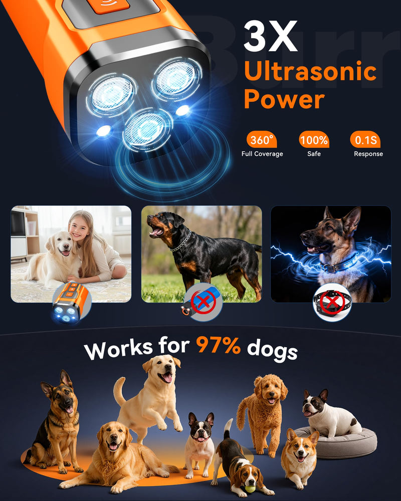 Dog Bark Deterrent Devices, 6 Modes 3X Ultrasonic Anti Barking Device for Dogs, 33 FT Range Barks No More Indoors Neighbor Outdoors with Flashlight,Dog Training Device Portable Orange
