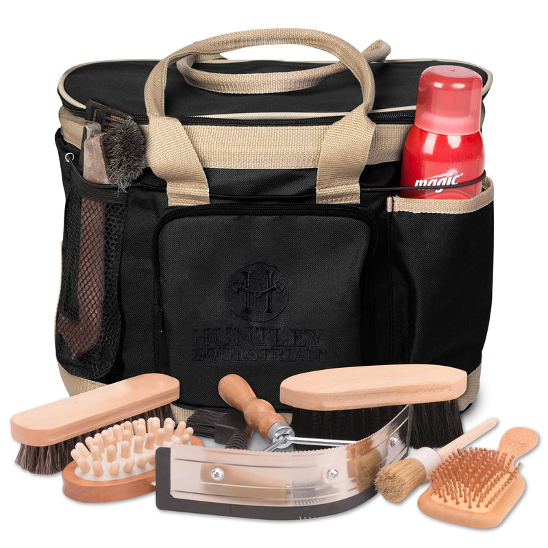 Huntley Equestrian Deluxe Grooming Bag Perfectly Designed Easy Access Multi Pocket Zipper Top Closure Double Handles Shoulder Strap Exterior Pockets One Size Black - PawsPlanet Australia