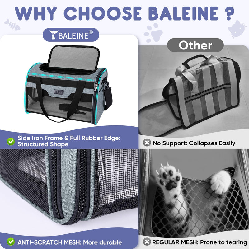 BALEINE Cat Carrier, Puppy Dog Carrier for Small Medium Pets Up to 15 Lbs, Soft-Sided Dog Travel Bag with Safety Zippers, Collapsible Pet Carrying Case (Gray, L, 17"x11"x11") Grey - PawsPlanet Australia