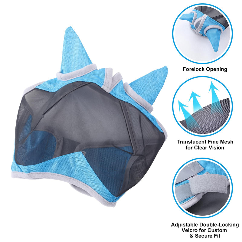 Horse Fly Mask with Ears Cover | Forelock Opening for Tangle-Free Mane Care | UV Protection & Breathable Mesh | No Rub Fit and Enhanced Visbility for Trail Riding Paleblue Pony Pale Blue
