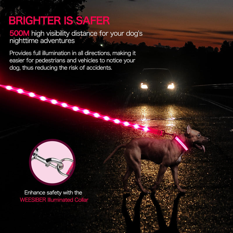 Weesiber Light Up Dog Leash, 4ft LED Dog Leash Rechargeable Puppy Lead Waterproof Safety Glow in The Dark Pet Lights for Night Walking (Pink) Pink - PawsPlanet Australia