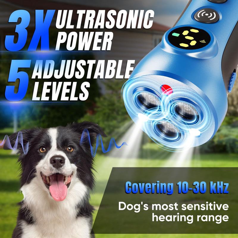 Dog Bark Deterrent Device - 3X Ultrasonic Anti-Bark Device with 5 Adjustable Levels, 30ft Range for Indoor/Outdoor Use Rechargeable & Portable for Your or Neighbor's Dog with Flashlight (Blue) Blue - PawsPlanet Australia