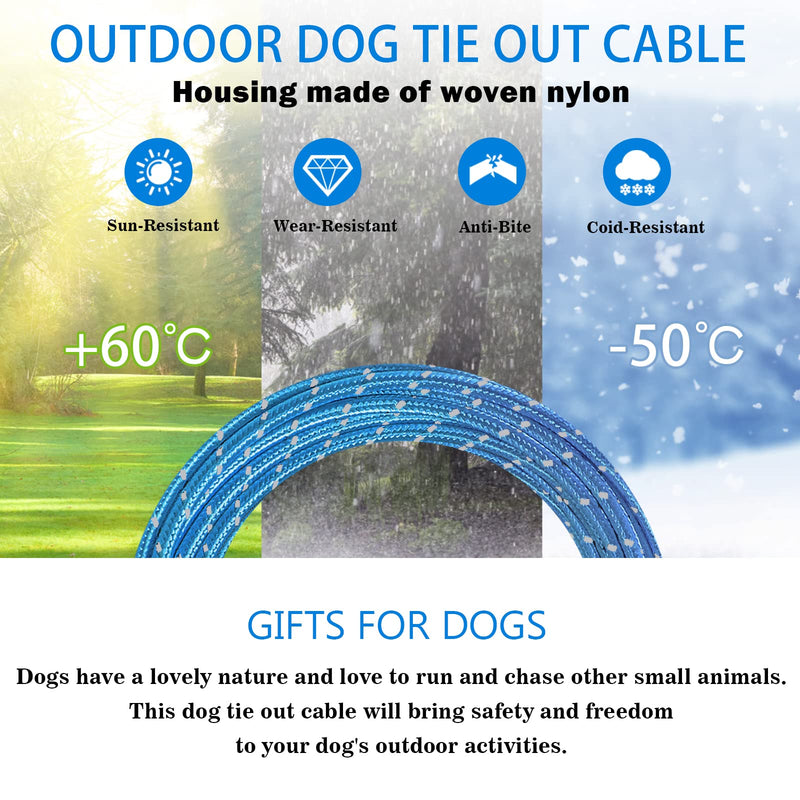 Dog Tie Out Cable 10ft/15ft/20ft/30ft Dog Runner for Yard and Outdoor with Swivel Hook Green/Blue/Purple Reflective Lead Dog Chains for Training Small to Medium Dogs Up to 100lbs 4mm 15ft Blue - PawsPlanet Australia