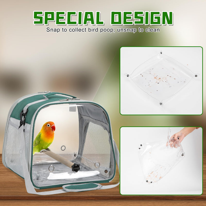 Suertree Small Bird Carrier, Large Window Travel Cage with Stand and Easy Clean Tray for Parrot Parakeet Cockatiels, Lightweight and Portable, Green