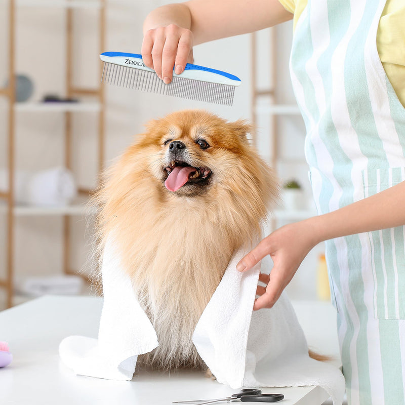 Dog Grooming Comb for Matting – Metal Dematting Comb with Stainless Steel Teeth & Non-Slip Handle (Style 1) Blue - PawsPlanet Australia