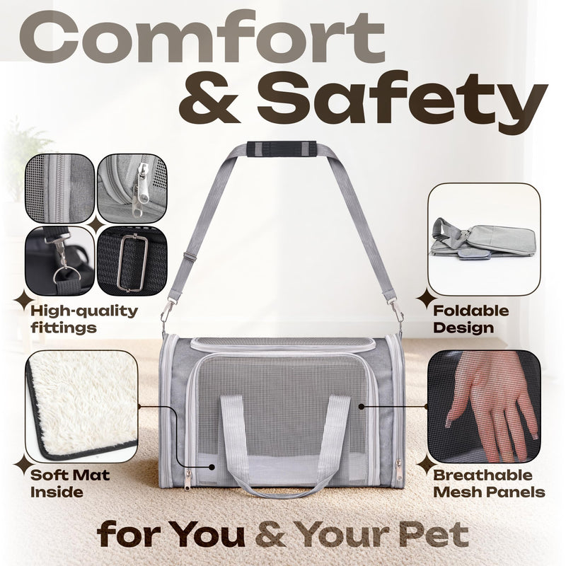 Airline Approved Medium Pet Carrier for Cats & Dogs – Foldable Dog Bag with Soft Mat, Breathable Mesh Windows, Travel-Ready Cat Carrier (Up to 15 lbs, Grey) - PawsPlanet Australia
