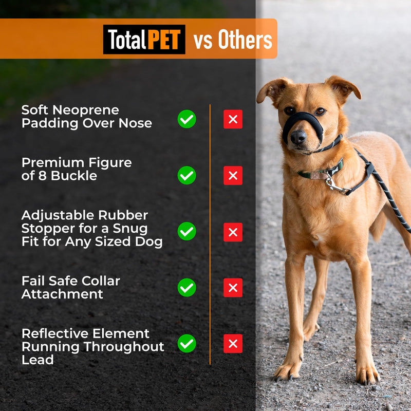 Total Pet Figure of 8 Dog Lead - Anti Pull Stop Dogs Pulling - Rope Slip Leads with Padded Nose Support (Black, Medium/Large) Black