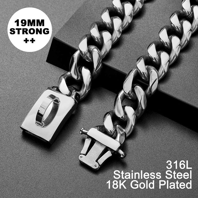 Dog Chain Collar Walking Metal Collar with Design Secure Buckle Cuban Link Strong Heavy Duty Chew Proof for Large Dogs(19MM, 22") 22 Inch - PawsPlanet Australia