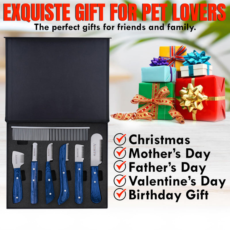 Premium 7-Piece Pet Grooming & Stripping Knife Kit with Bonus Comb – Professional Undercoat Removal Tools, Stainless Steel Blades & Ergonomic Wooden Handles for Dogs & Cats