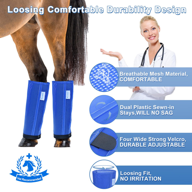 Horse Fly Boots Set of 4, Fly Boots for Horses, Leggings for Horses, Reduce-Stomping, Breathable Mesh, Loose Fitting, Stay Up Not Sag, No Rub Blue